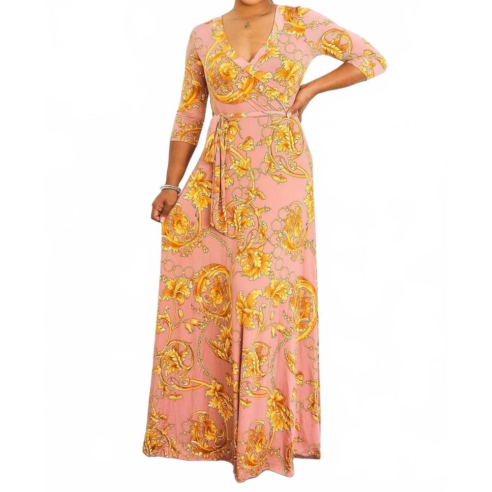 NEW SURELYMINE elegant wrap boho maxi dress in blush gold